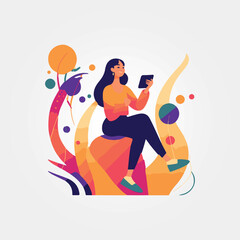 woman sitting using cell phone, vector illustration