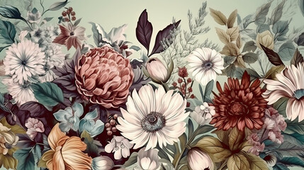 Fantasy vintage wallpaper botanical flower bunch, vintage motif for floral print digital background. AI generative	