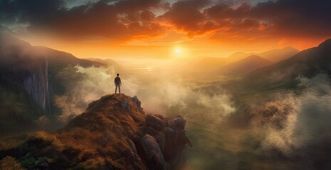man standing on top of cliff in a mountain valley at sunrise Generative AI