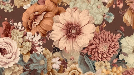 Fantasy vintage wallpaper botanical flower bunch, vintage motif for floral print digital background. AI generative	