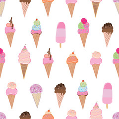 Hand drawn beautiful delicious ice creams seamless fabric design pattern