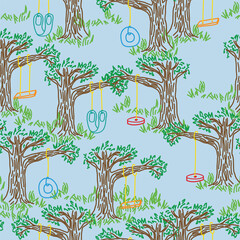 This fun seamless repeat pattern design is full of trees with tire swings and board swings hanging from the branches.