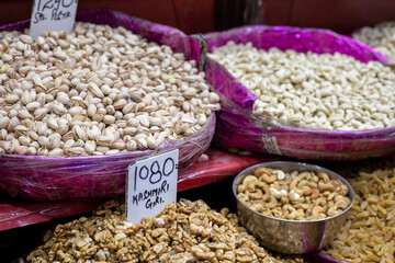 Nuts and beans for sale at a market in Old Delhi, India