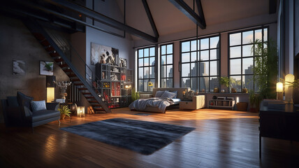 luxury studio apartment with a free layout in a loft style in dark colors. Generative Ai