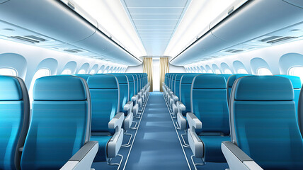 Aircraft interior with blue seats and white panel. Generative Ai