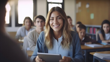 Portrait Of Female Teacher Holding Digital Tablet Teaching Line Of High School Students Sitting By Screens In Computer Class. Generative AI