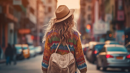 Beautiful happy woman walking on the city street wearing casual. Generative Ai