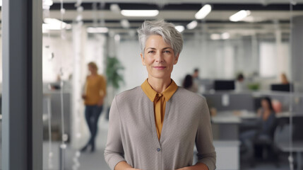 Confident Female Executive Posing in Open Office Space. Generative AI