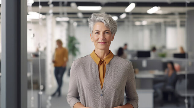 Confident Female Executive Posing in Open Office Space. Generative AI