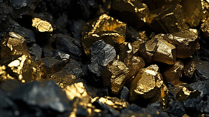 Pure gold from the mine that was unearthed was placed on the black sand. Generative Ai