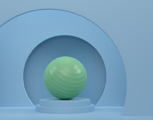 Fitball or fitness ball on cylinder podium with steps on monochrome