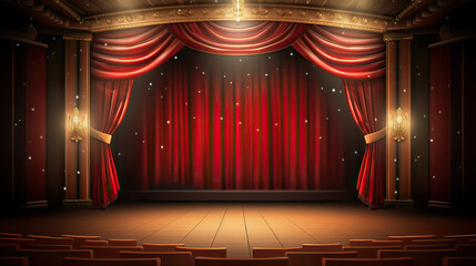 Theater stage with red curtains and spotlights AI generative	