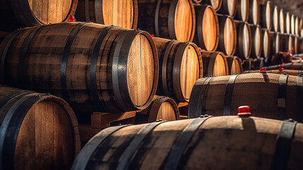 Wine in wooden barrels is stored. Generative Ai