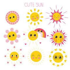 Set of Cute Smiling Suns Vector Illustration