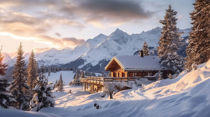 Panoramic view of beautiful winter wonderland mountain scenery. Generative Ai