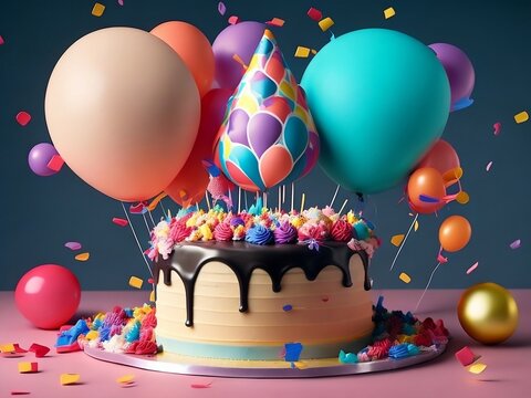 birthday cake with balloons,  happy birthday cake,  ai generative image 