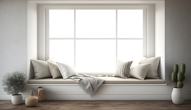 Side window seat, There are white room,wood seat,decorate with many pillow, There are big windows look out to see nature view for house advertising and background Generative AI - PNG File