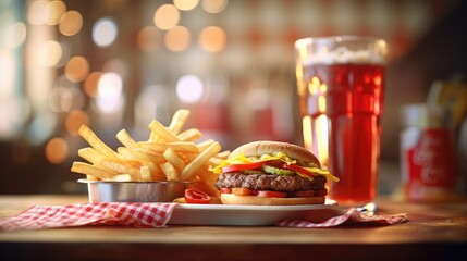 Classic American feast: juicy hamburger, crispy fries and refreshing soda captured with bokeh background. Generative AI.