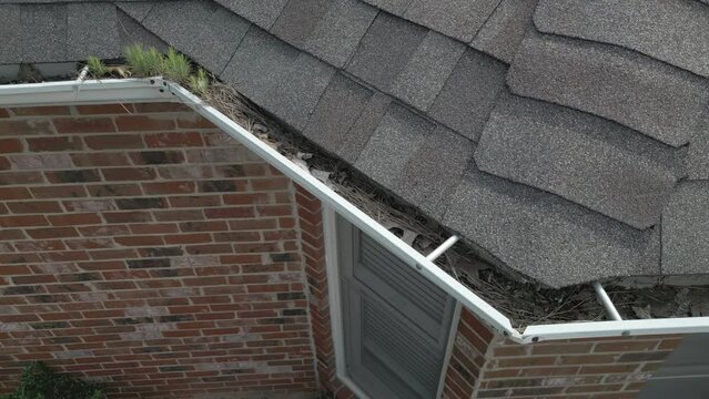 Dirty, metal gutters on a residential home are clogged with leaves and debris.