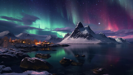 Fototapeta na wymiar Aurora borealis on the Lofoten islands. Generative Ai