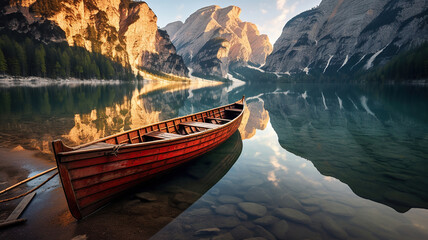 Beautiful view of traditional wooden rowing boat. Generative Ai