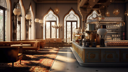 Obraz premium Islamic Wallpaper: Majestic Java Journeys - A Coffee Shop Oasis - AI Generative