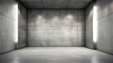 An empty grey room with concrete floor and walls.
