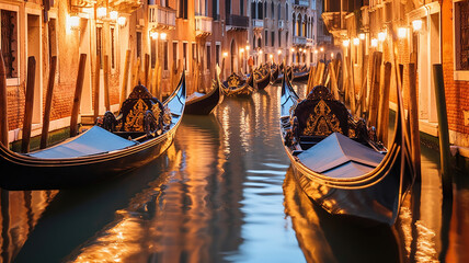 Traditional gondolas on narrow canal. Generative Ai