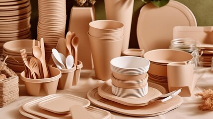 Different craft disposable eco-friendly craft glasses and boxes for food. Generative AI