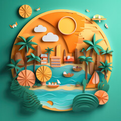 Abstract summer vive beach paper cut landscape background