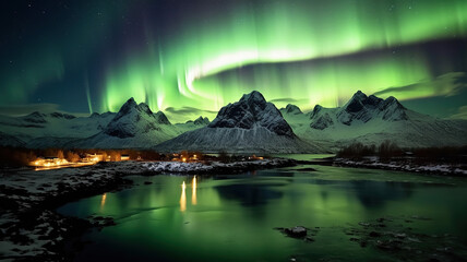 Fototapeta na wymiar Aurora borealis on the Lofoten islands. Generative Ai