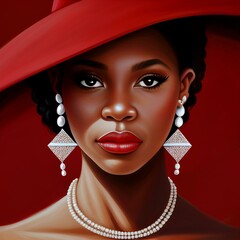 Beautiful African Woman, Wearing Red Hat Diamond Earrings, Pearl Necklace, Diva, DST, Delta Woman, Delta Sigma Theta, Portrait - obrazy, fototapety, plakaty