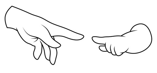The adult's hand touches the child's finger. The concept of parental care for children. Linear drawing of hands of parent and child. finger gesture.