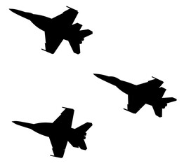 Silhouette of a military airplane. Bombers. Military aviation. War. Airspace defense. Concept of air show and airplanes flying in a row. - obrazy, fototapety, plakaty