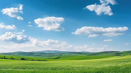 Obraz premium Spring panoramic landscape. Sky with fluffy clouds over green field. Generative Ai