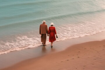 Two Elderly People Taking a Walk on the Beach. Generative ai