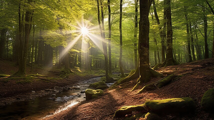 Sunbeams Shining through Natural Forest of Beech Trees. Generative Ai