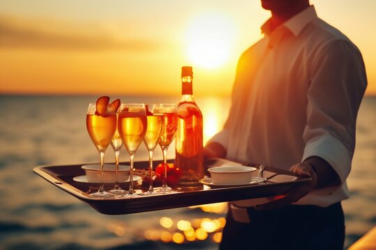 Waiter Serving Champagne Glasses on Tray at Summer Beach Sunset Background. Generative ai