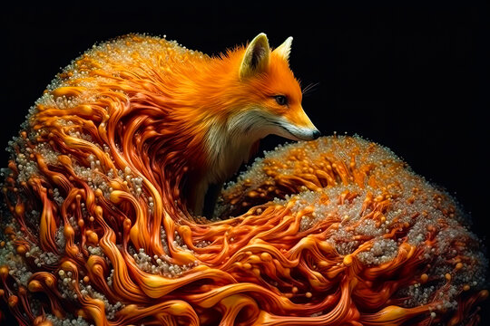 a fox on black background, in intricate spiral style surrealist sculpture, generative ai
