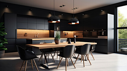 Modern kitchen with black furniture. Generative Ai
