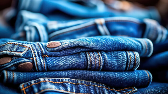 Blue jeans pants clothes pile background. Generative Ai