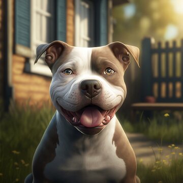 Happy Smiling Pit Bull Terrier Mix Portrait in a Sunny Backyard with Soft Golden Hour Lighting