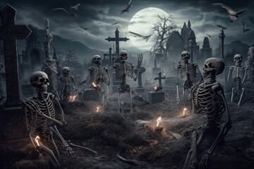 Zombies Rising In Dark. Bones And Skulls Out Of A Cemetery. AI generated, human enhanced