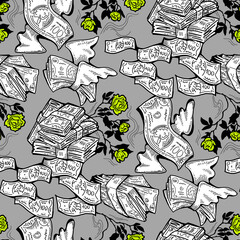Money seamless vector pattern background for print design. Hundred dollars banknotes, a lot of cash for finance. economy, business success theme. Hand drawn line illustration, cartoon style drawing.