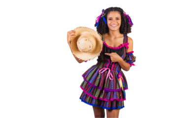 Black Brazilian woman wearing festa junina clothes. Fellowship of Saint John. Arraial, with straw hat.