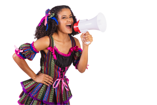Black Brazilian woman wearing festa junina clothes. Fellowship of Saint John. Arraial, shouting in megaphone.