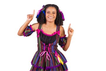 Black Brazilian woman wearing festa junina clothes. Fellowship of Saint John. Arraial, dancing.