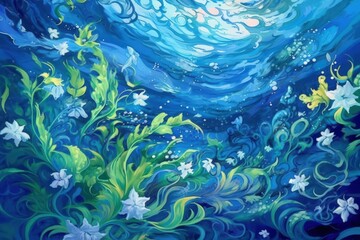 Obraz na płótnie Canvas Swirling Ocean Currents with Aquatic Flora - Generative AI