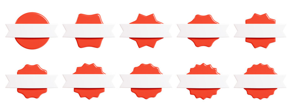 Red starburst sticker with white ribbon 3d render set - collection of round sun burst or star shape badges