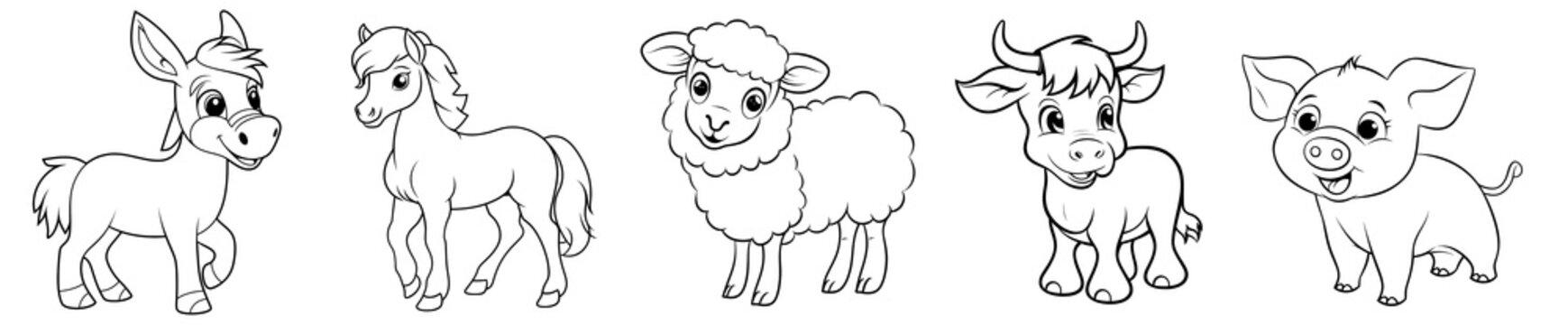 Farm Animals - Cute Donkey, Horse, Sheep, Cow And Pig, Simple Thick Lines Kids Or Children Cartoon Coloring Book Pages. Clean Drawing Can Be Vectorized To Illustration Easily. Generative AI